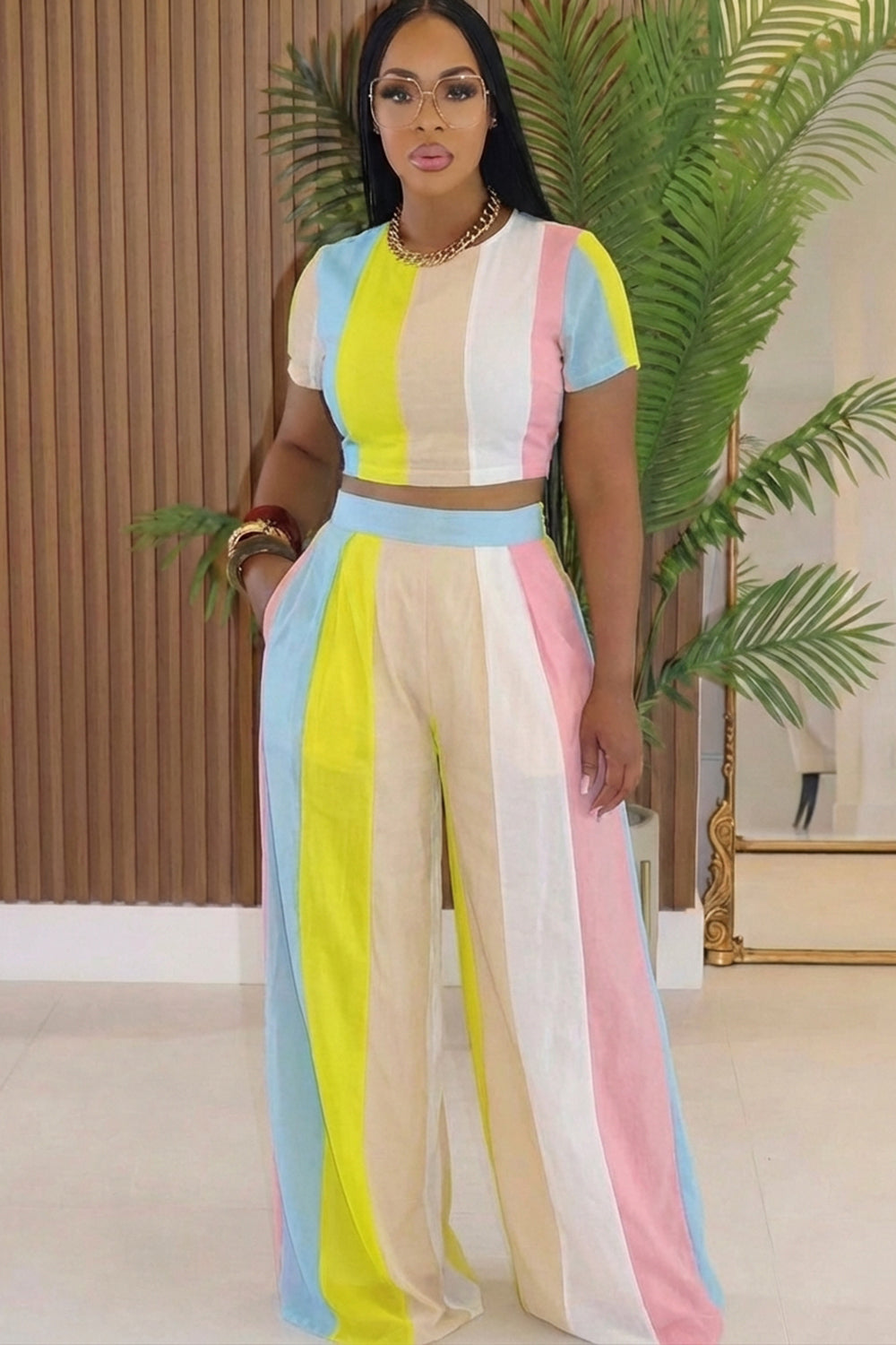 Round Neck Crop Top Wide Leg Pants Casual 2pcs Set