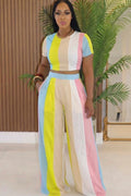 Round Neck Crop Top Wide Leg Pants Casual 2pcs Set