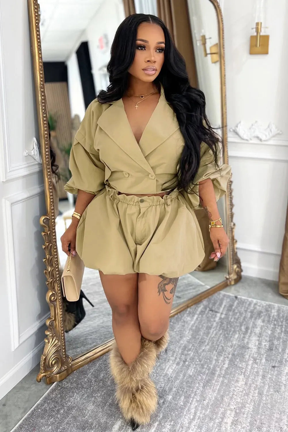 Elastic Cuff Notch Lapel Double-Breasted Crop Jacket Shorts 2pcs Set-Khaki