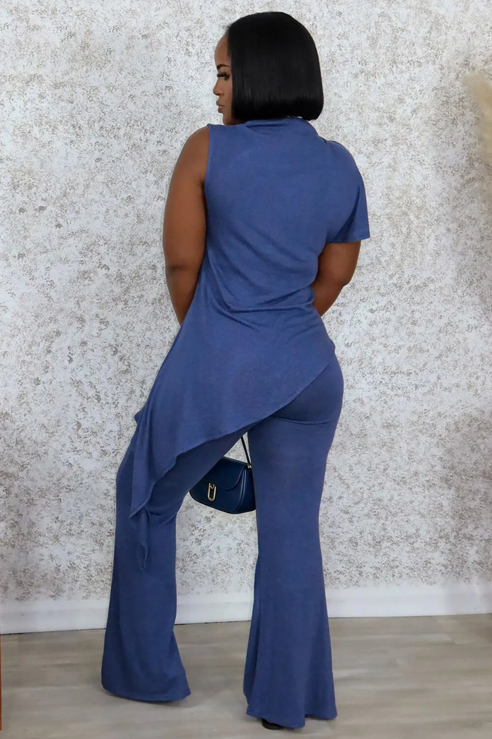 Mock Neck Irregular Hem Top Bootcut Pants Casual 2pcs Set-Blue