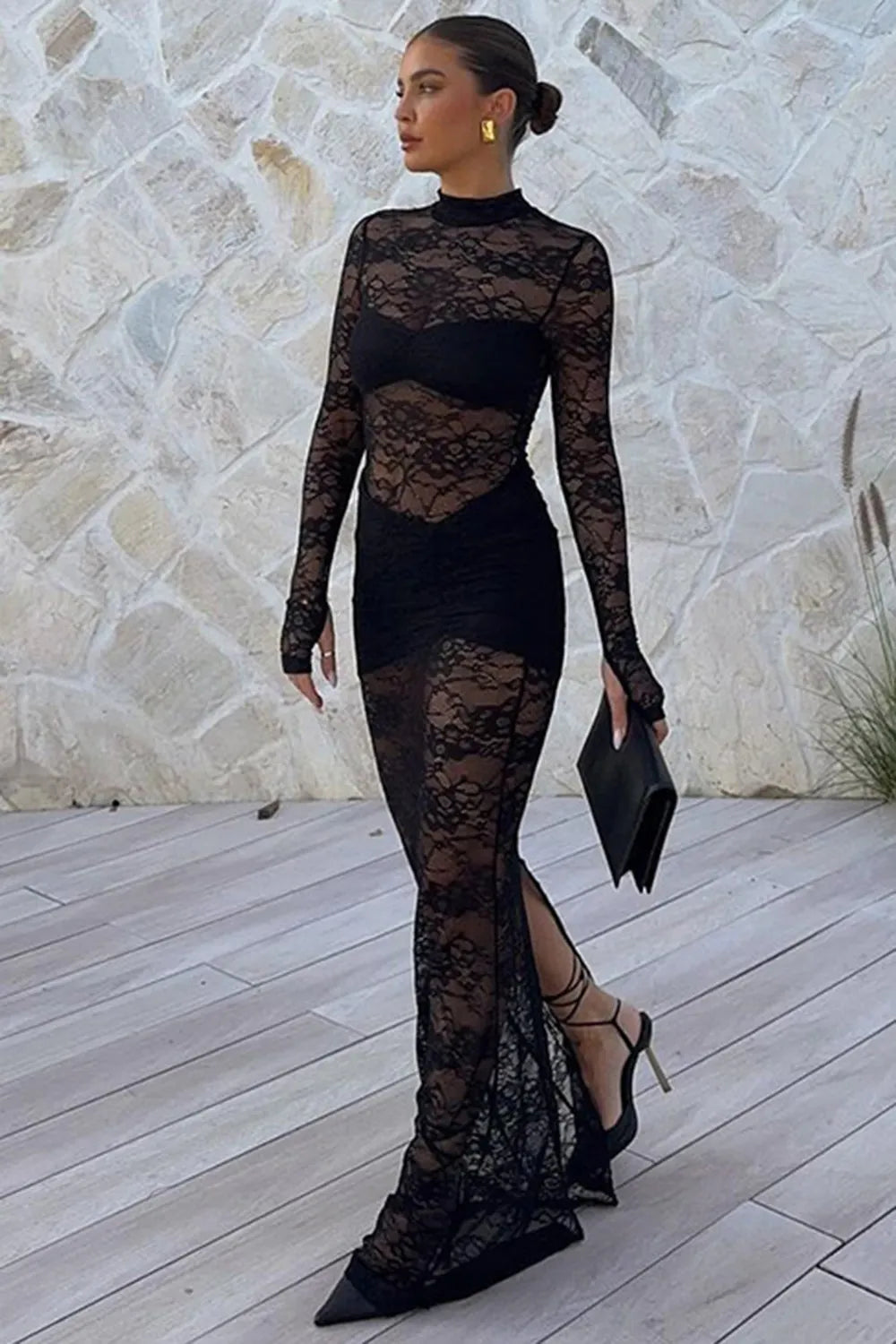 Round Neck Lace See-Through Long Sleeve Slim Fit Party Maxi Dresses-Black