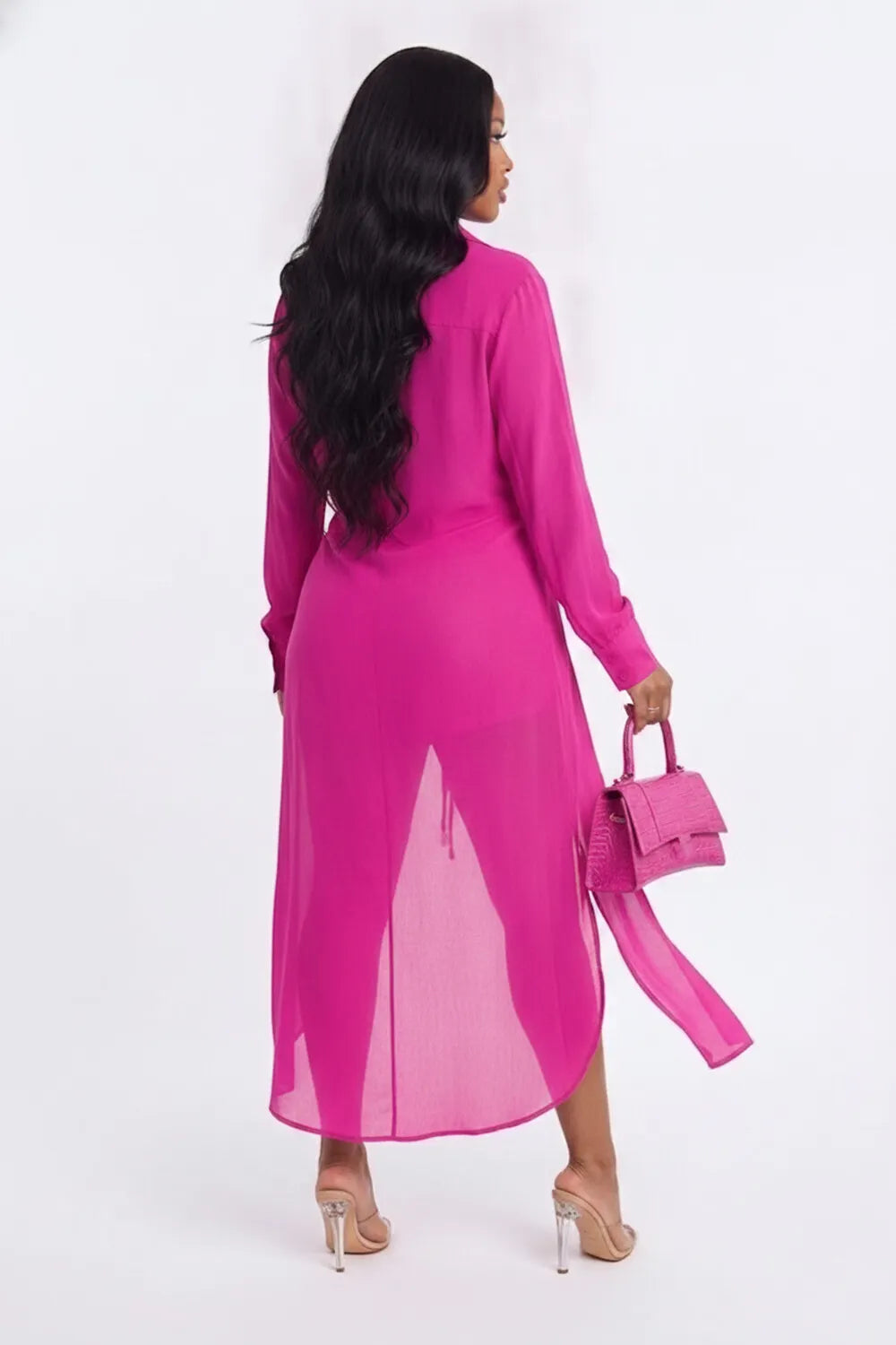 See Through Mesh Long Sleeve Button Slit Long Top Shorts 2pcs Set-Fuchsia