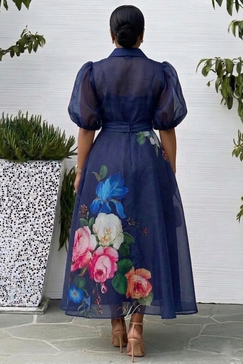Collar Puff Sleeve Floral A-Line Mesh Maxi Dresses-Navy