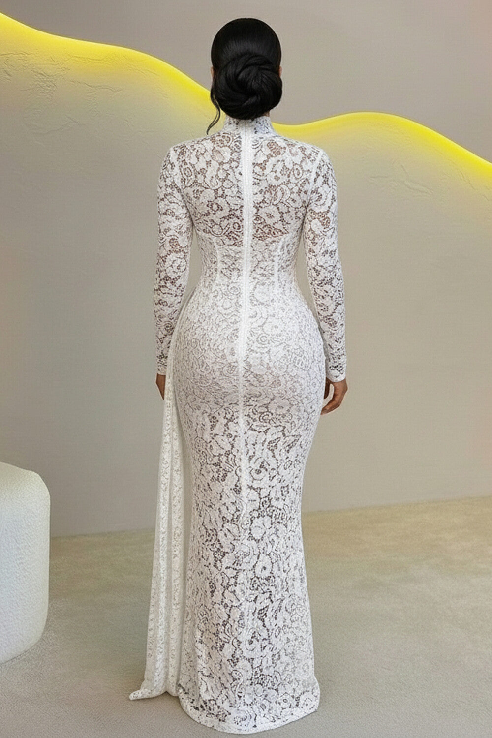 Mock Neck Long Sleeve Sash Guipure Lace Gowns Maxi Dresses-White