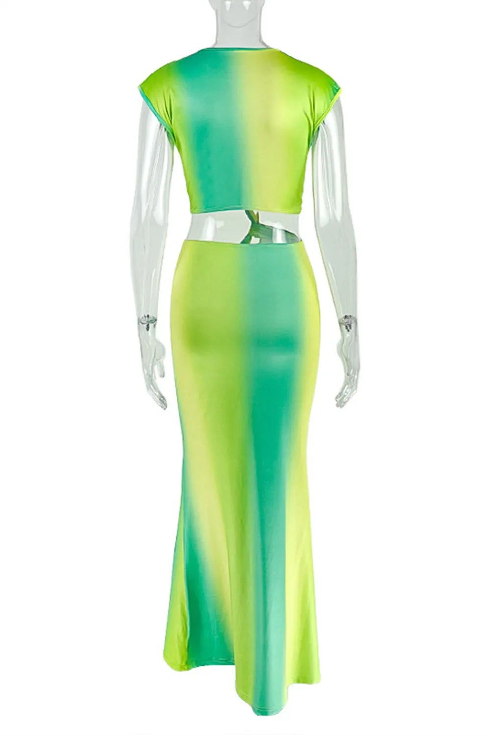Ombre Color V Neck Cut Out Twisted Knot Bodycon Vacation Maxi Dresses-Green
