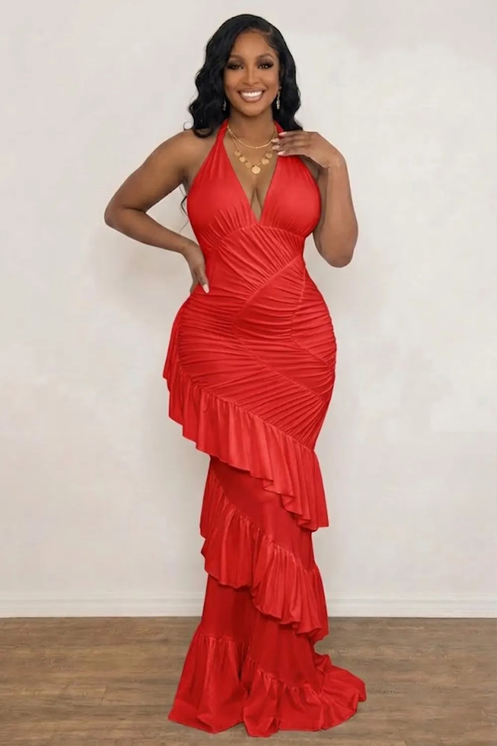 Halter Neck Flounced Tiered Bodycon Evening Gowns Maxi Dresses-White