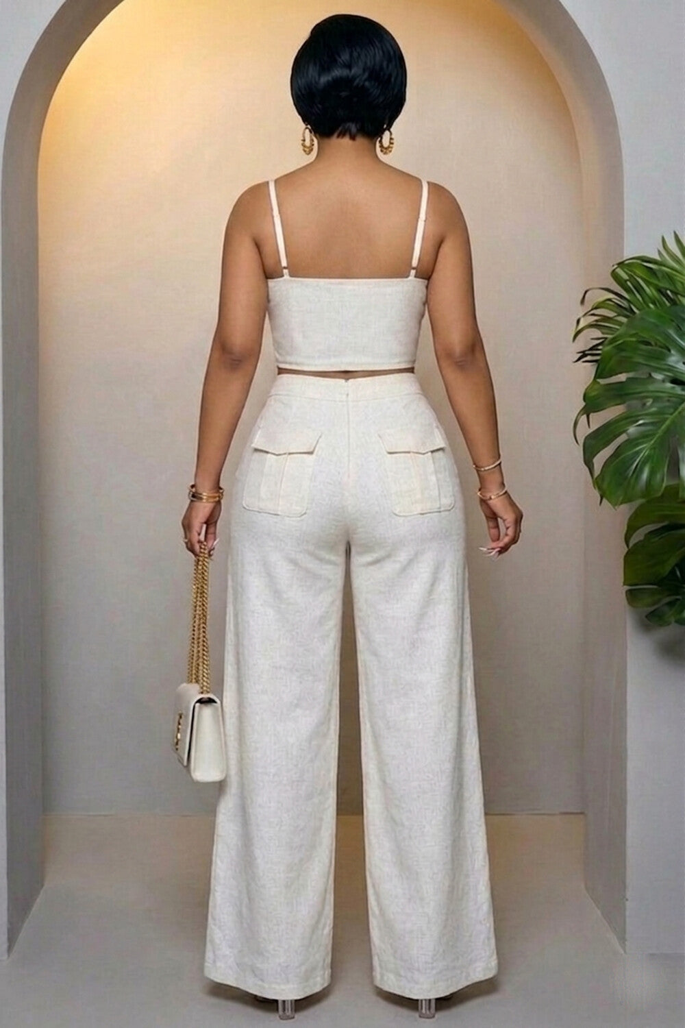 3D Flower Cami Neck Crop Top Wide Leg Pants Casual 2pcs Set-White