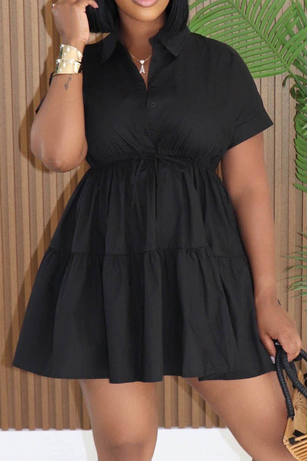 Collar Cinch Waist Solid Color A-Line Casual Mini Dresses-Black