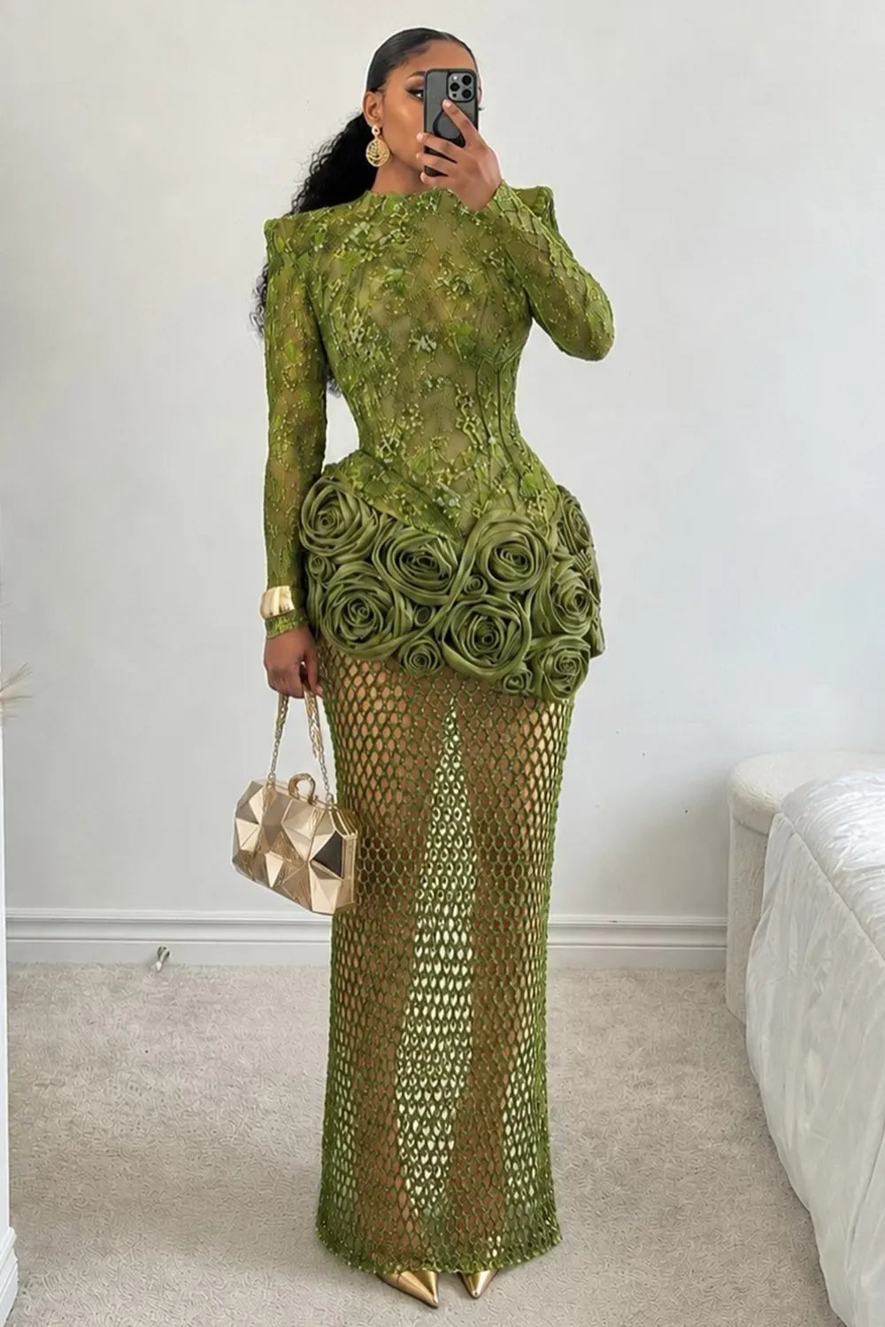 Shoulder Pad 3D Floral Patchwork Fishnet Mesh Maxi Dresses-Green