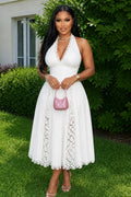 Halter Backless Lace Patchwork A-Line Gowns Maxi Dresses-White