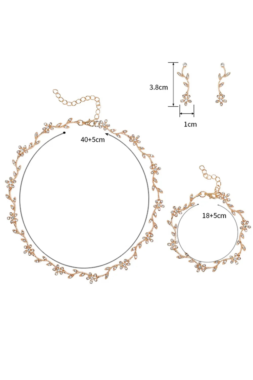 Fashion Inlaid Rhinestone Leaf Floral Necklace Earrings Bracelet 4pcs Set