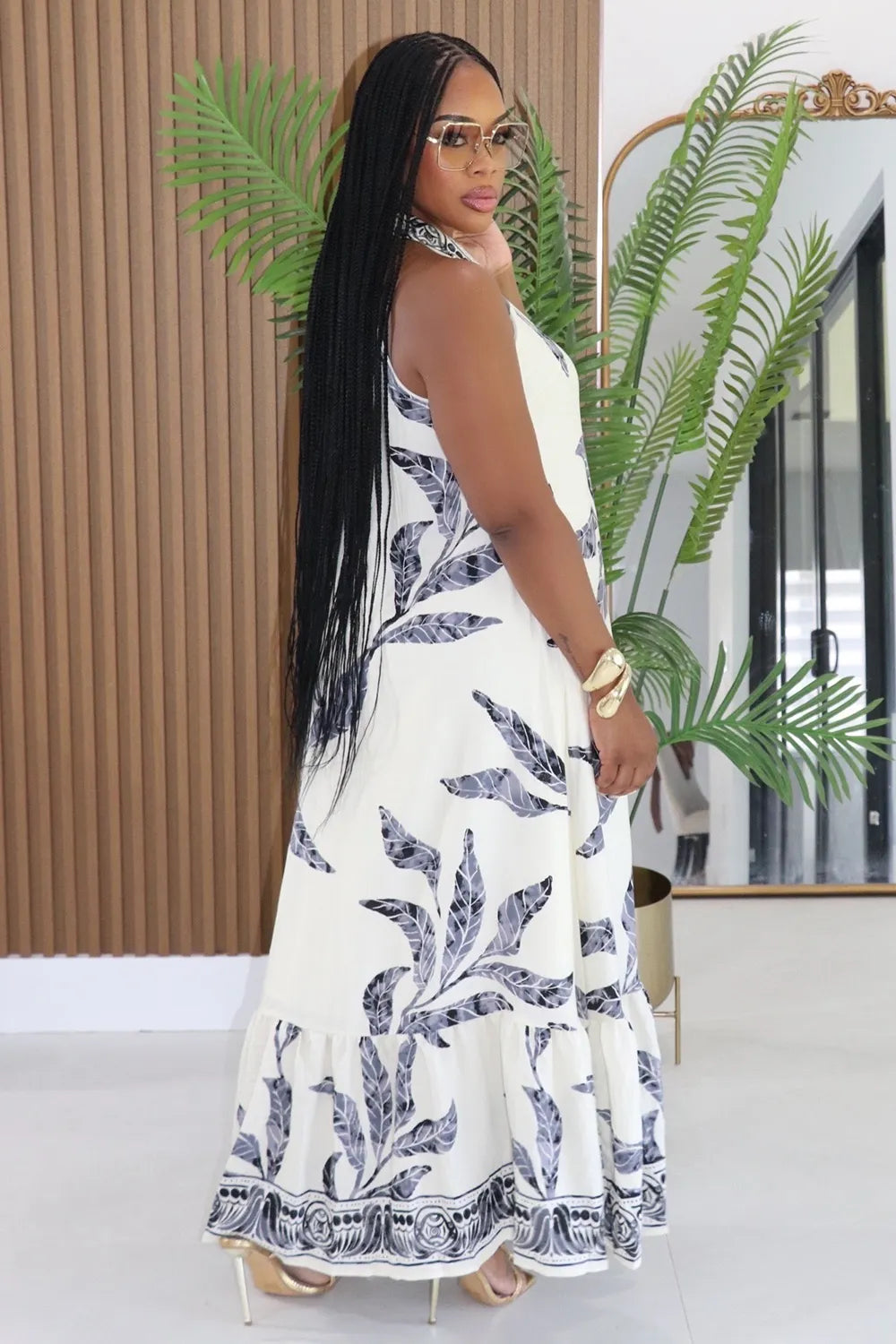 Floral V Neck Sleeveless Button Loose Fit Maxi Dresses-White