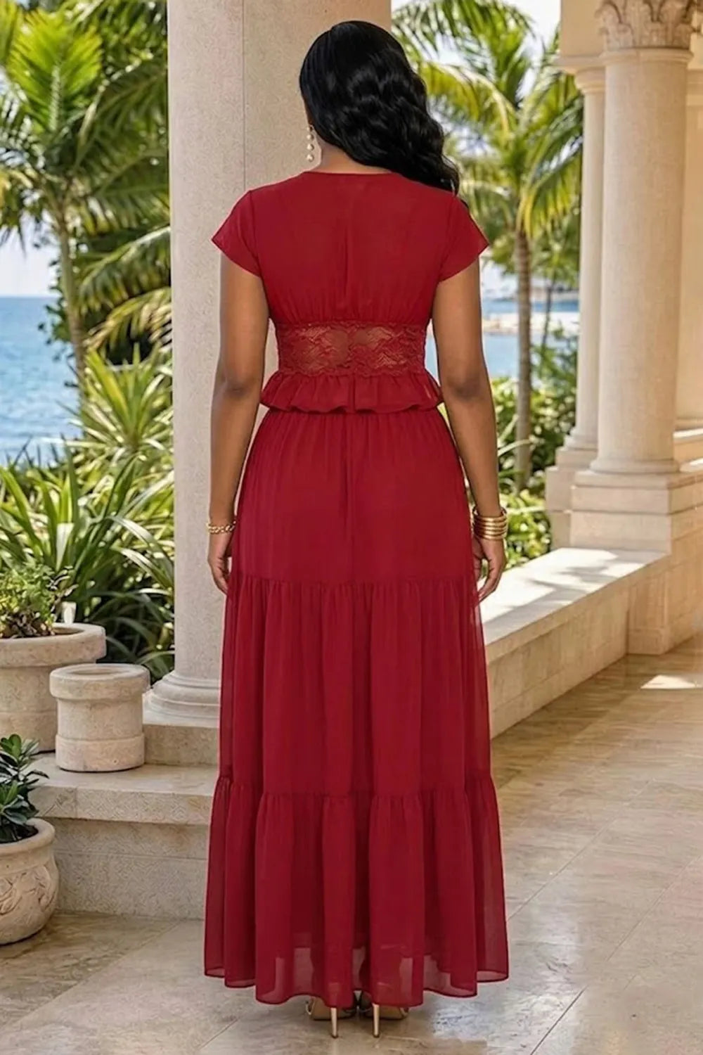 V Neck Single Breasted Lace Crop Top Drawstring Maxi Skirt 2pcs Set-Red