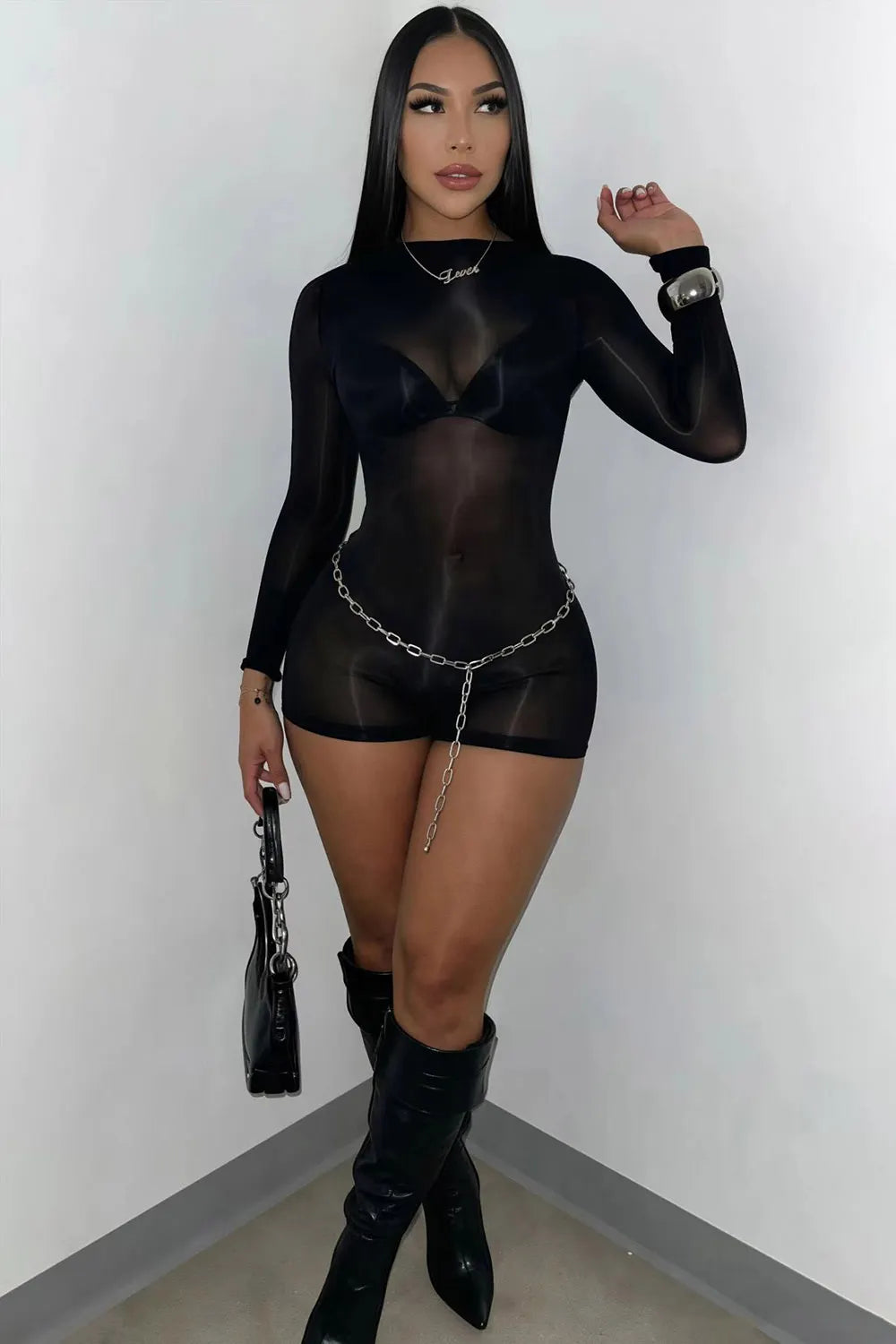 Round Neck Long Sleeve See Through Bodycon Party Liquid Romper Playsuit-Black