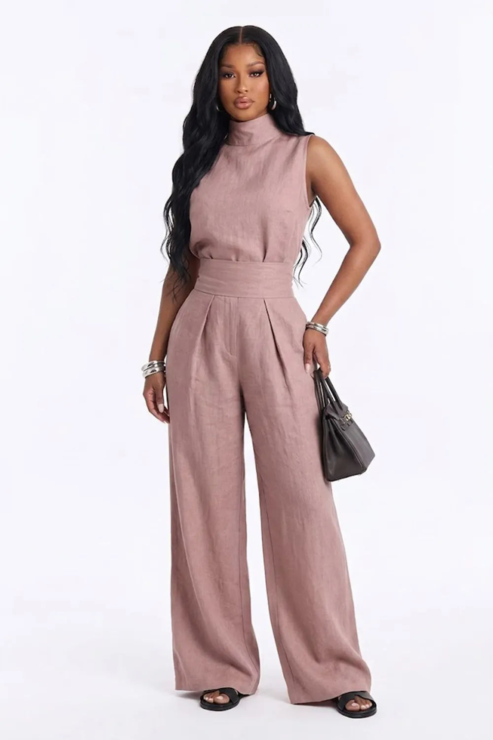 High Neck Sleeveless Top High Wasit Wide Leg Pants Casual 2pcs Set-Green
