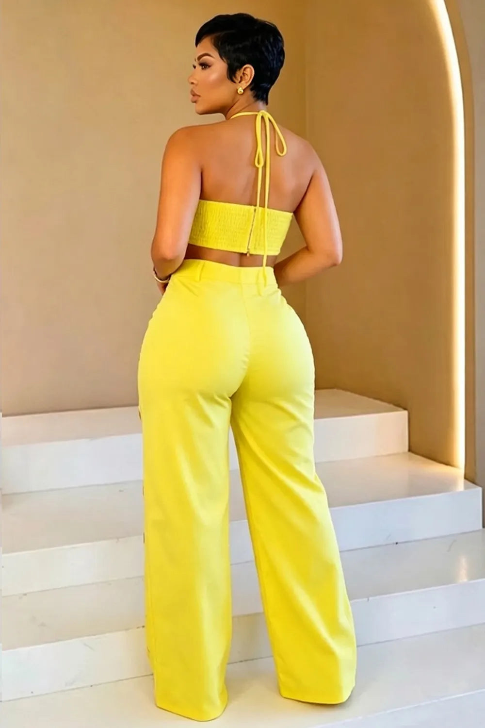Halter Crop Top High Waist Hollow Pants Casual 2pcs Set-Yellow