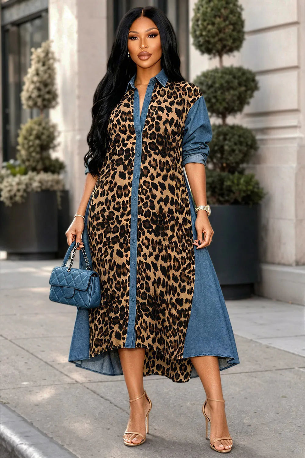 Collar Leopard Patchwork Denim Midi Dresses