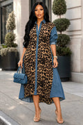 Collar Leopard Patchwork Denim Midi Dresses