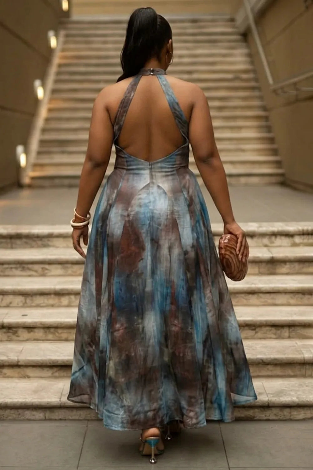 Halter Backless Tie Dye A-Line Vacation Maxi Dresses-Gray