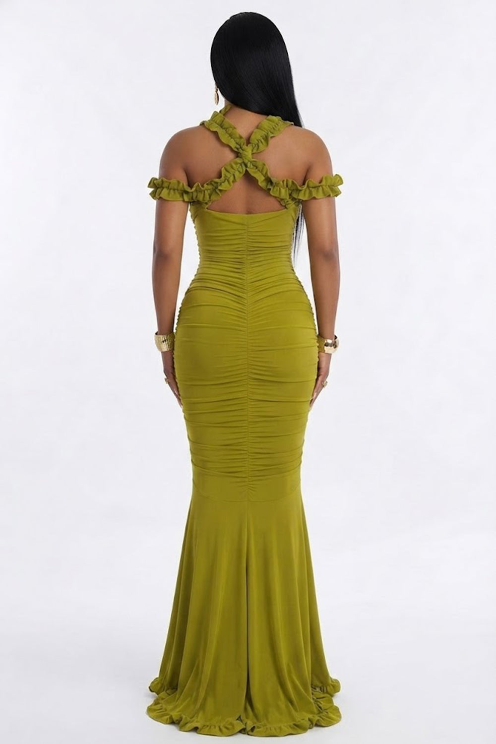 Frilled Halter Neck Off Shoulder Ruched Mermaid Party Maxi Dresses-Green
