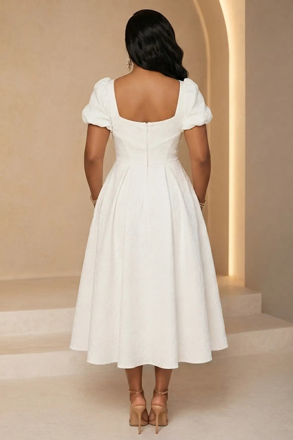 Square Neck Puff Sleeve Cinch Waist Ruffle Hem Midi Dresses-White