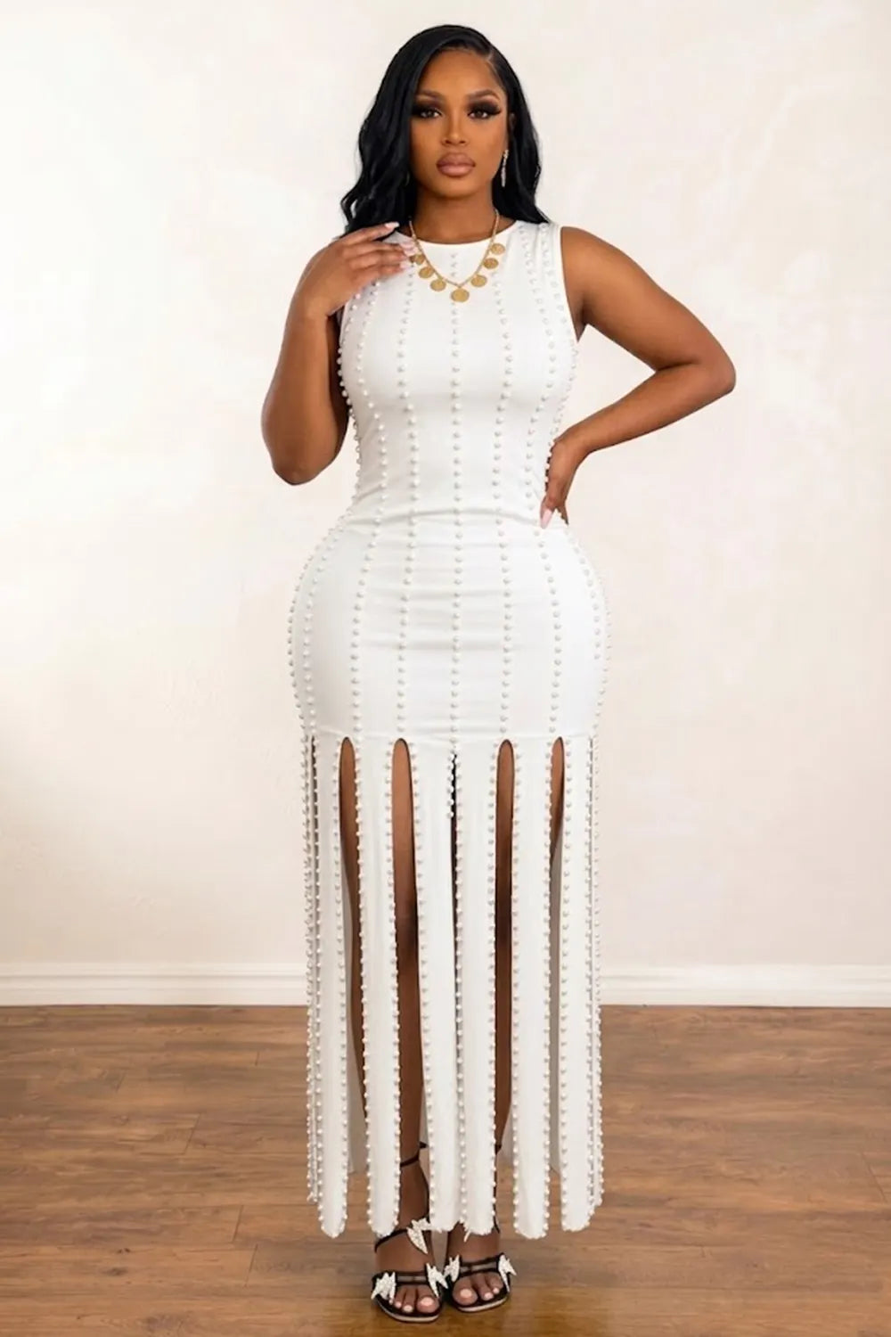 Round Neck Sleeveless Studded Multi Front Slit Party Maxi Dresses-Black