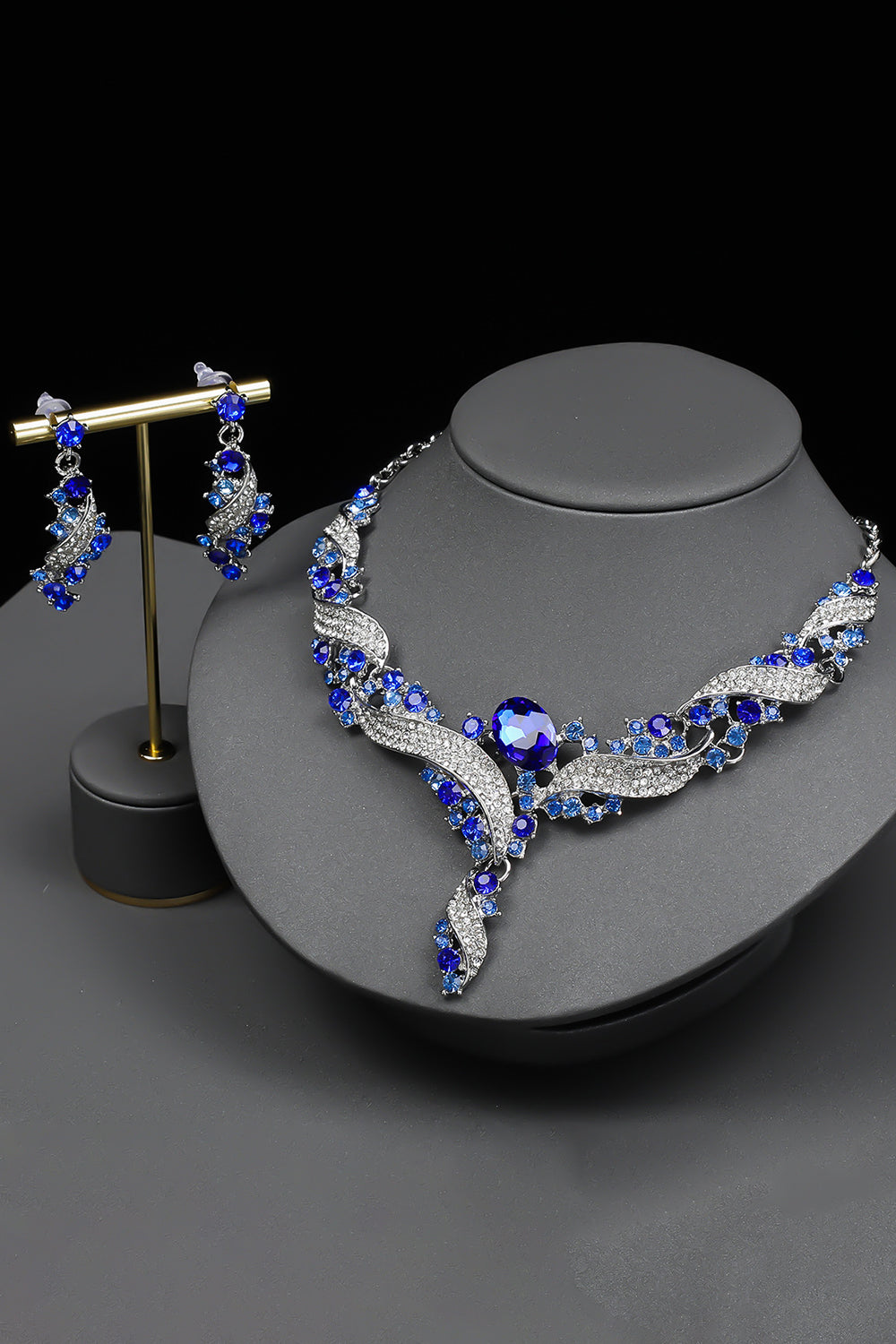 Vintage Inlaid Rhinestones Necklace Dangle Earrings Jewelry Set