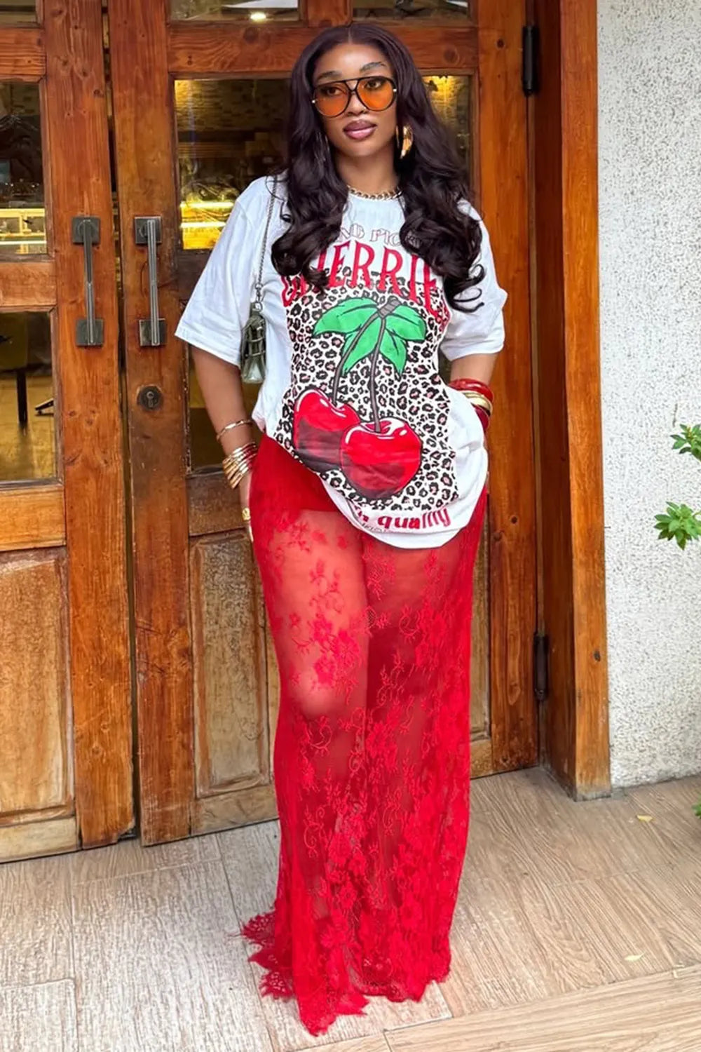 Round Neck Loose Fit Top Lace Maxi Skirt Casual 2pcs Set-Red