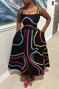 Wide Straps Cinch Waist Contrast Piping Casual Maxi Dresses-Black
