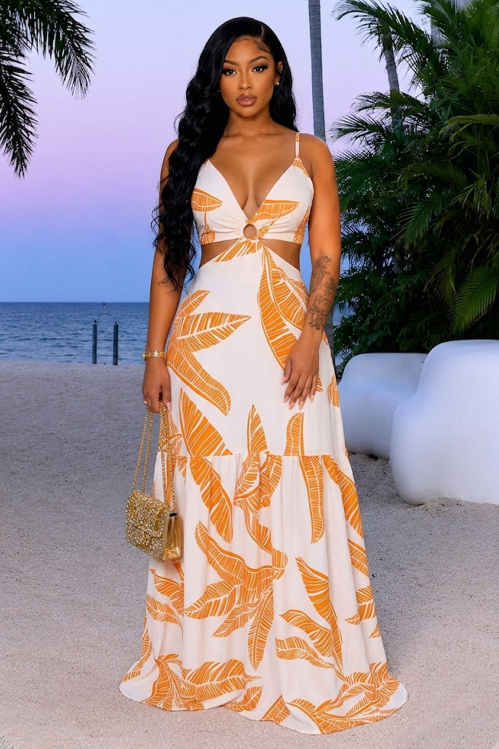 Spaghetti Strap Cut Out High Waist Leaf Print Vacation Maxi Dresses-White