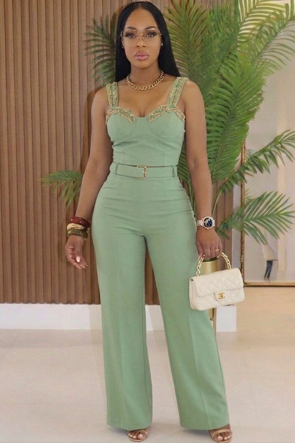 Crystal Wide Straps Sleeveless Wide Leg Casual Jumpsuit-Green