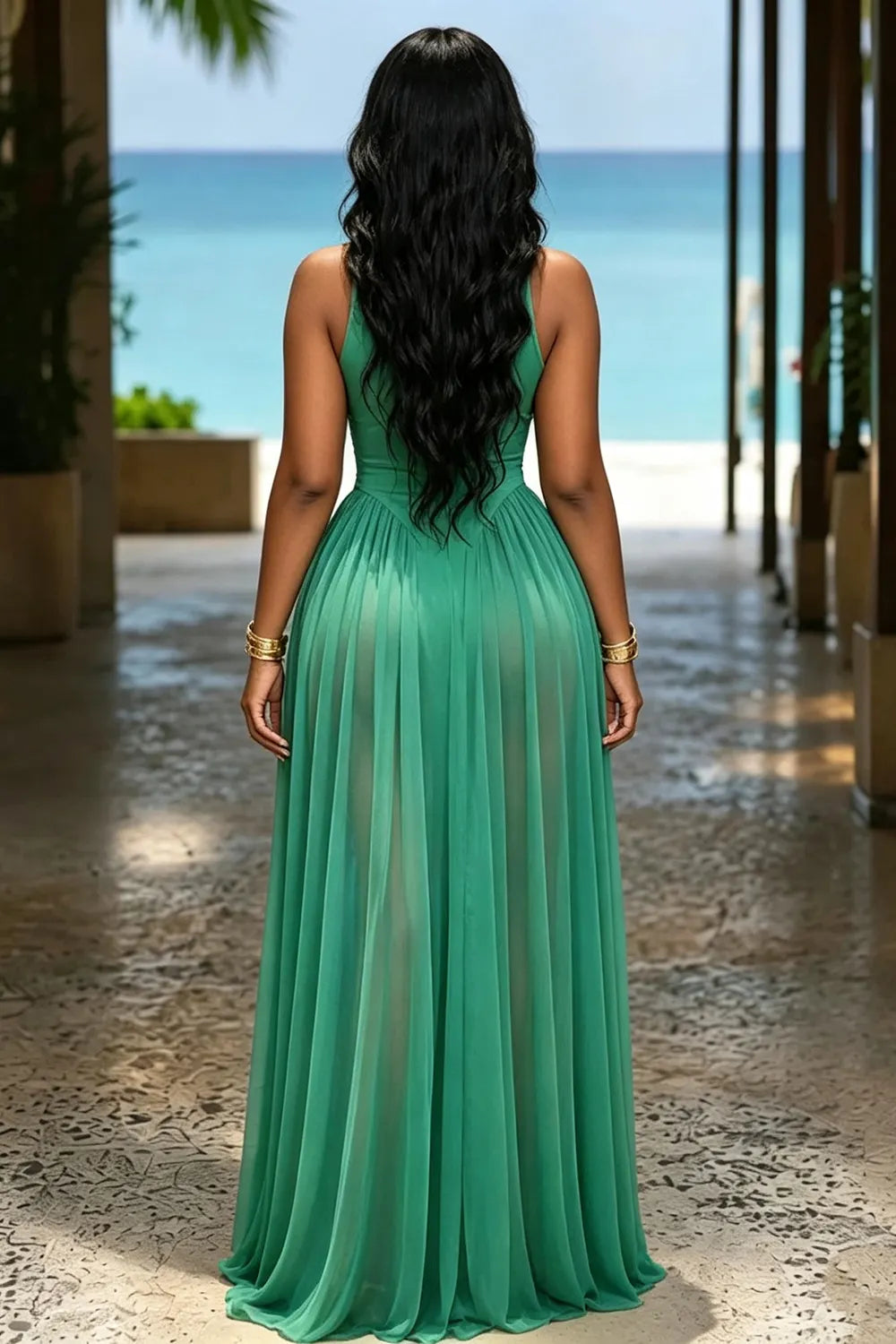 Round Neck Sleeveless Mesh Patchwork Cinch Waist Vacation Maxi Dresses-Green