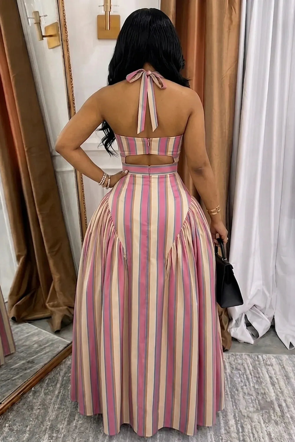 Striped Print Halter Neck Cut Out A-Line Party Maxi Dresses-Pink