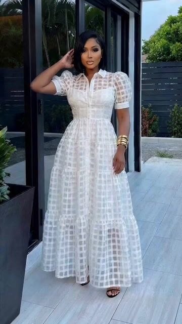 Collar Puff Sleeve Plaid A-Line Maxi Dresses-White