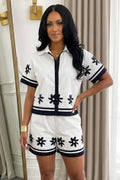 Collar Contrast Floral Print Top Drawstring Shorts 2pcs Set-White