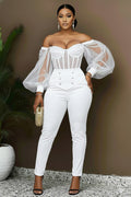 Off Shoulder Lantern Sleeve Cinch Waist Slim Fit Jumpsuit-White