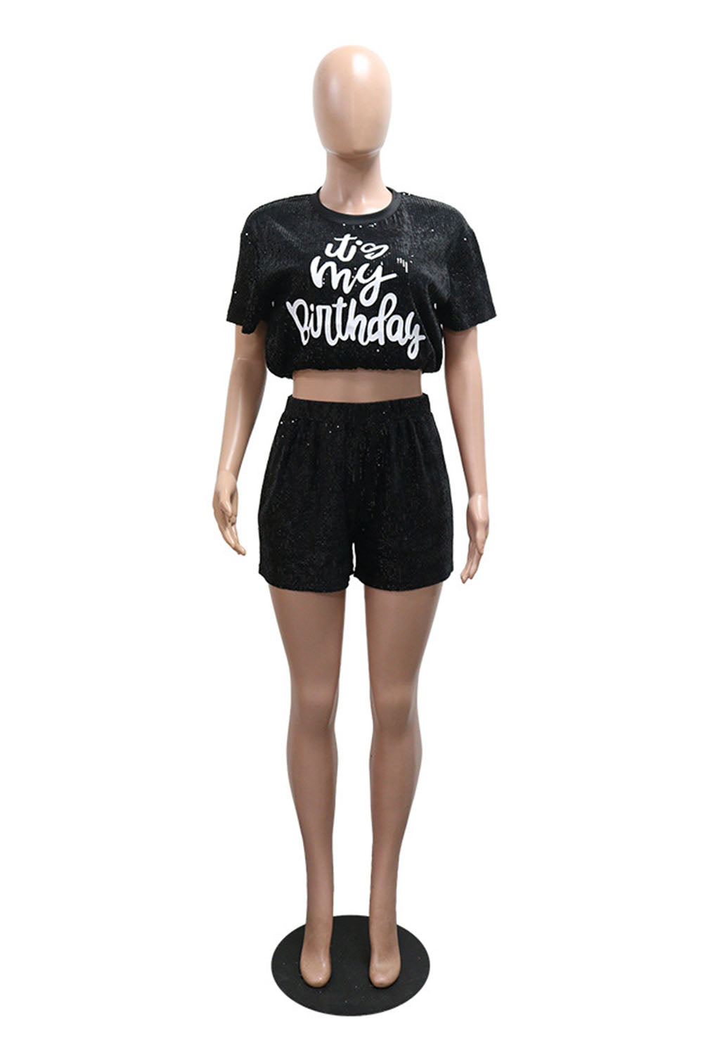 Letter Print Sequin Round Neck Crop T-Shirt Shorts Casual 2pcs Set-Black