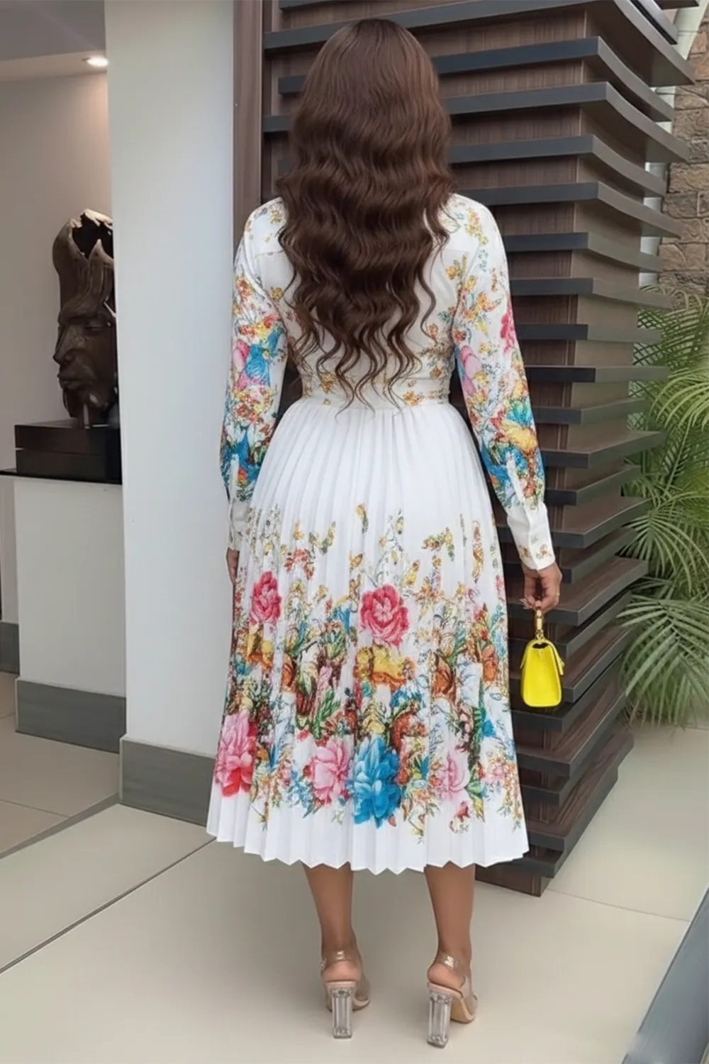 Collar Long Sleeve Floral Casual Midi Dresses