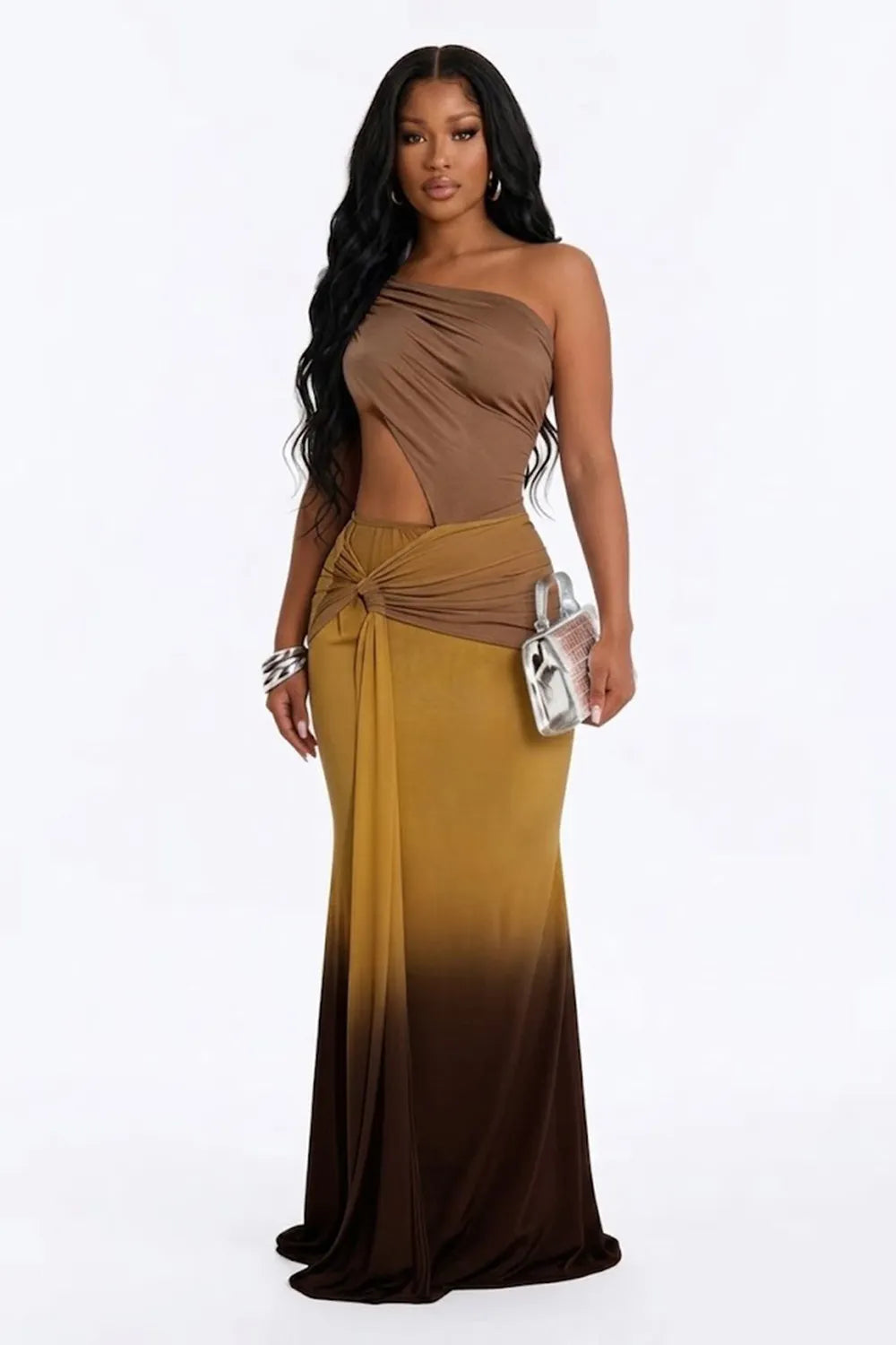 Gradient Color One Shoulder Side Cut Out Mermaid Vacation Maxi Dresses-Green