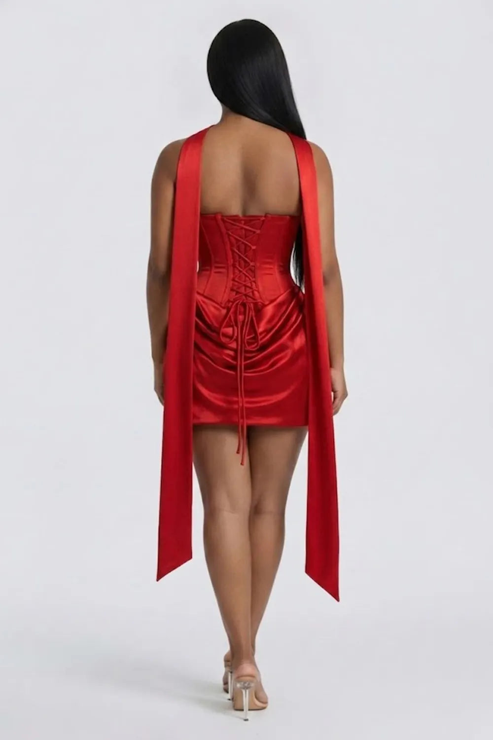 Strapless Halter Scarf Back Lace-Up Slim Fit Evening Gowns Mini Dresses-Red