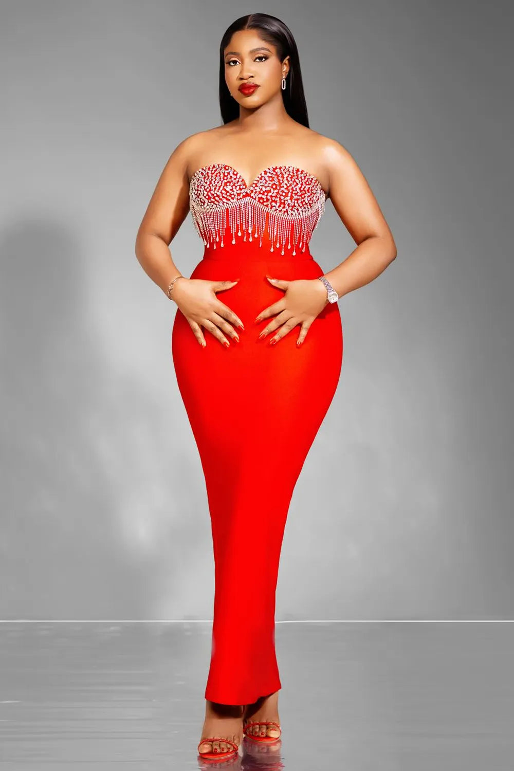 Strapless Hot Drilling Fringe Slim Fit Party Maxi Dresses-Red