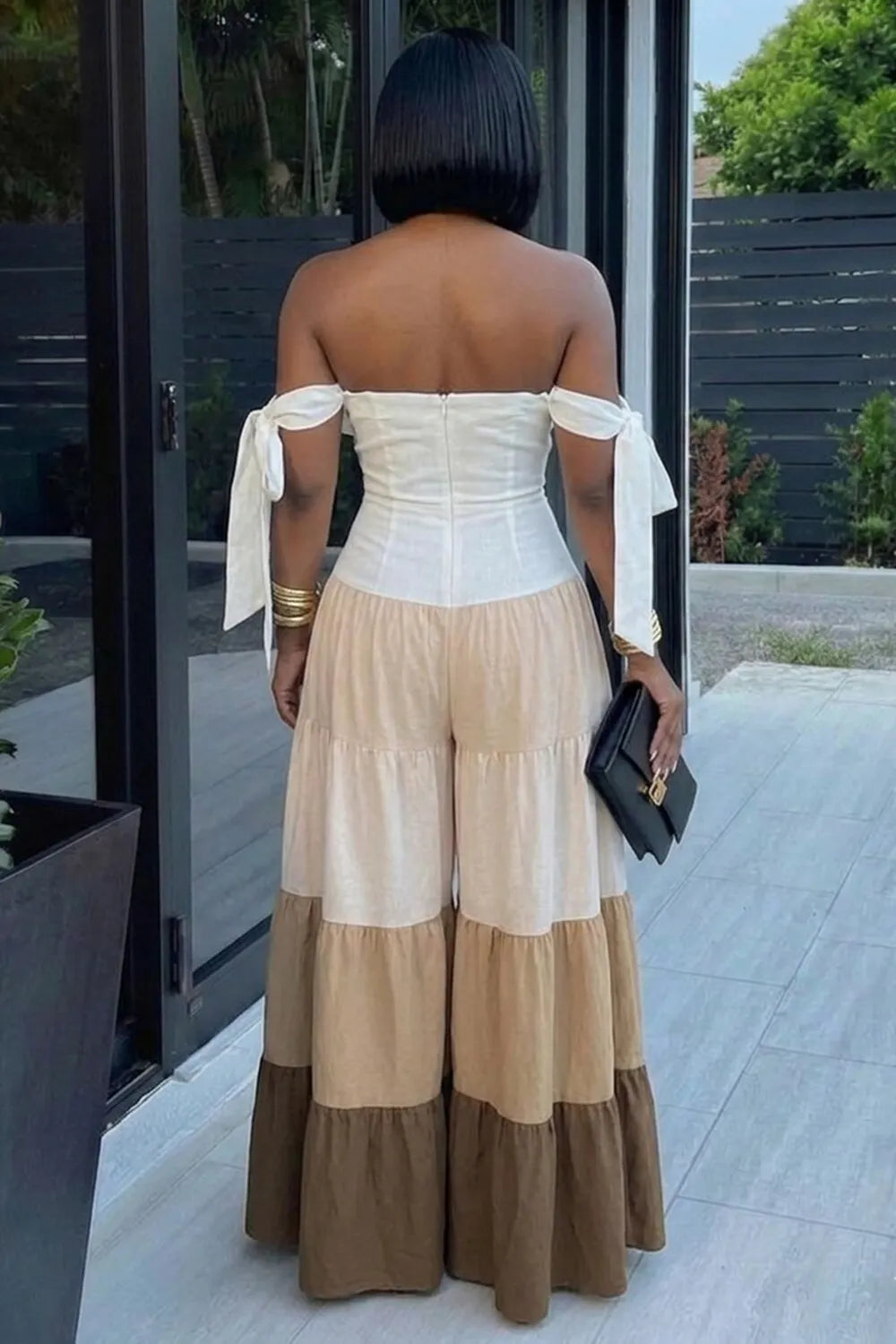 Off Shoulder Colorblock Ruffle Wide Leg Casual Jumpsuit-Brown
