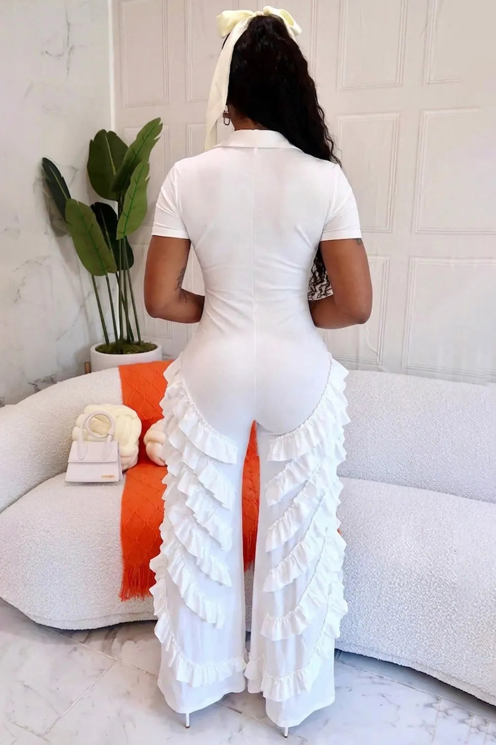 Collar Short Sleeve Ruffle Trim Decor Jumpsuit-White