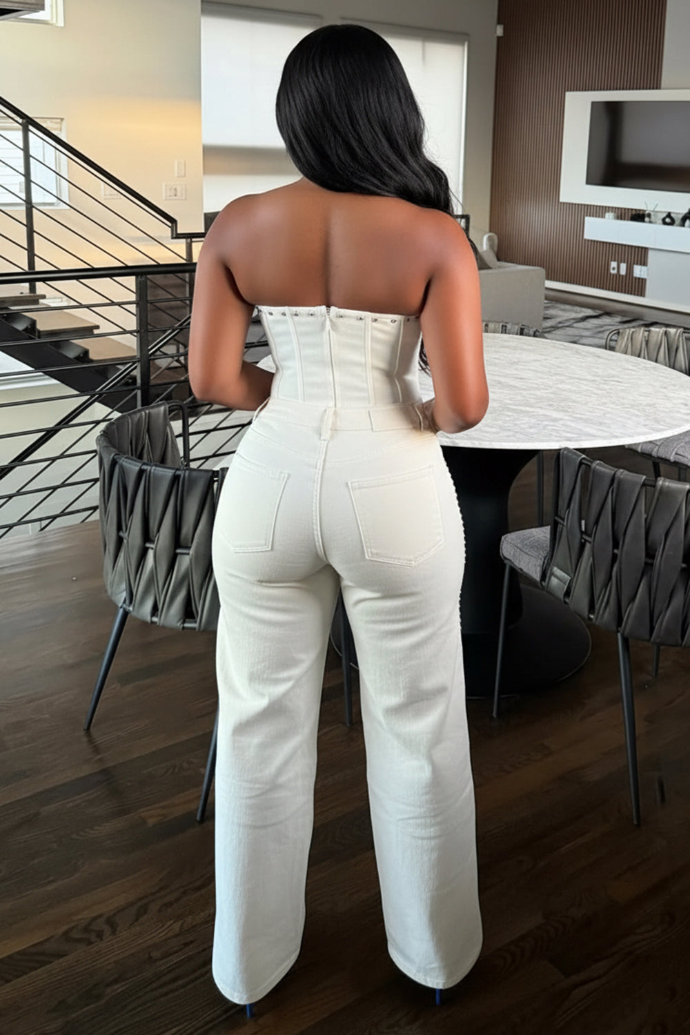 Solid Color Strapless Corset Top Slim Pants Casual 2pcs Set-White