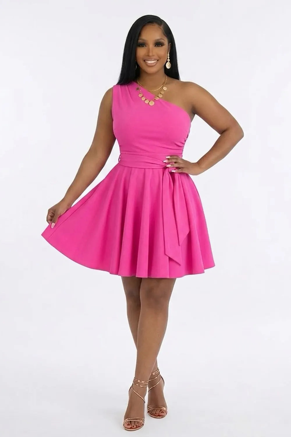 One Shoulder Skew Neck Slant Pocket Cinch Waist Ruched Mini Dresses-Black