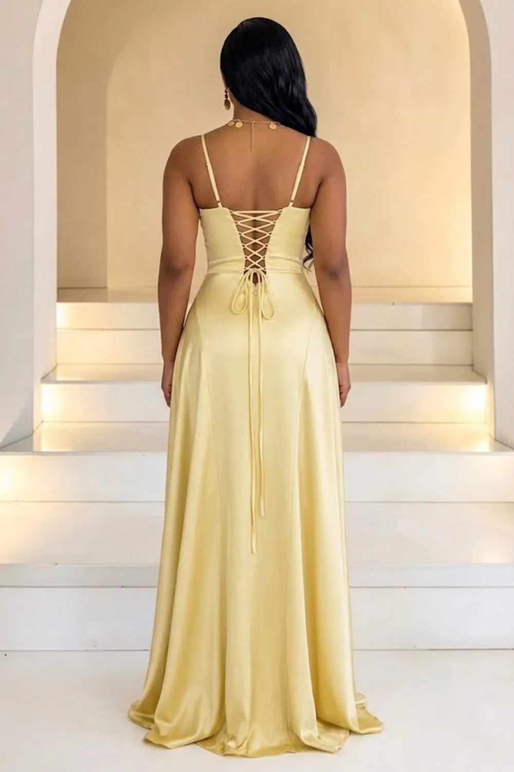 Spaghetti Strap Sweetheart Neck Cinch Waist Lace-Up Satin Maxi Dresses-Yellow