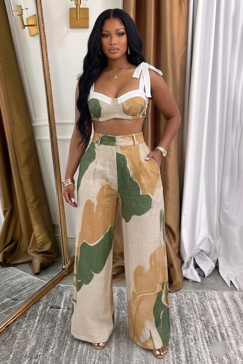 Wide Strap Crop Top Wide-Leg Pants Vacation 2pcs Set