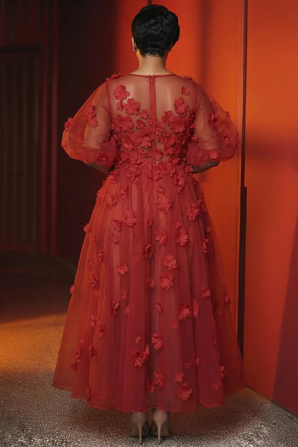 Round Neck Puff Sleeve 3D Flower Tulle Loose Fit Maxi Dresses-Red