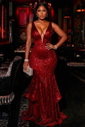 Hot Drilling Deep V Neck Backless Mermaid Maxi Dresses-Burgundy