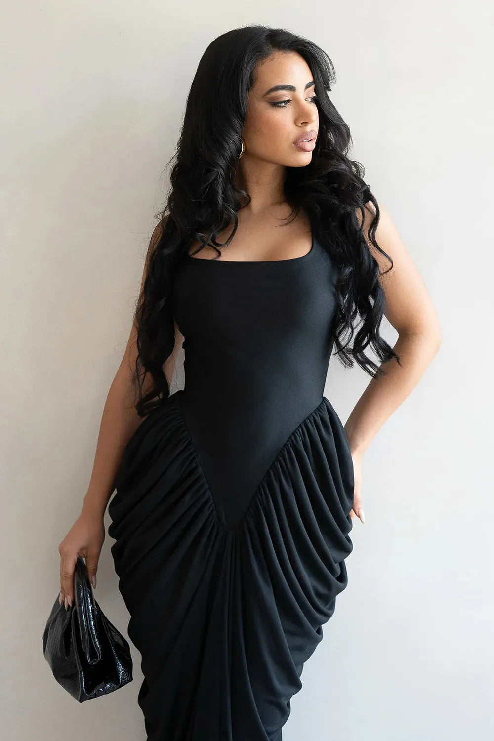 Square Neck Wide Strap Cinched Waist Ruched Bodycon Gowns Maxi Dresses-Yellow